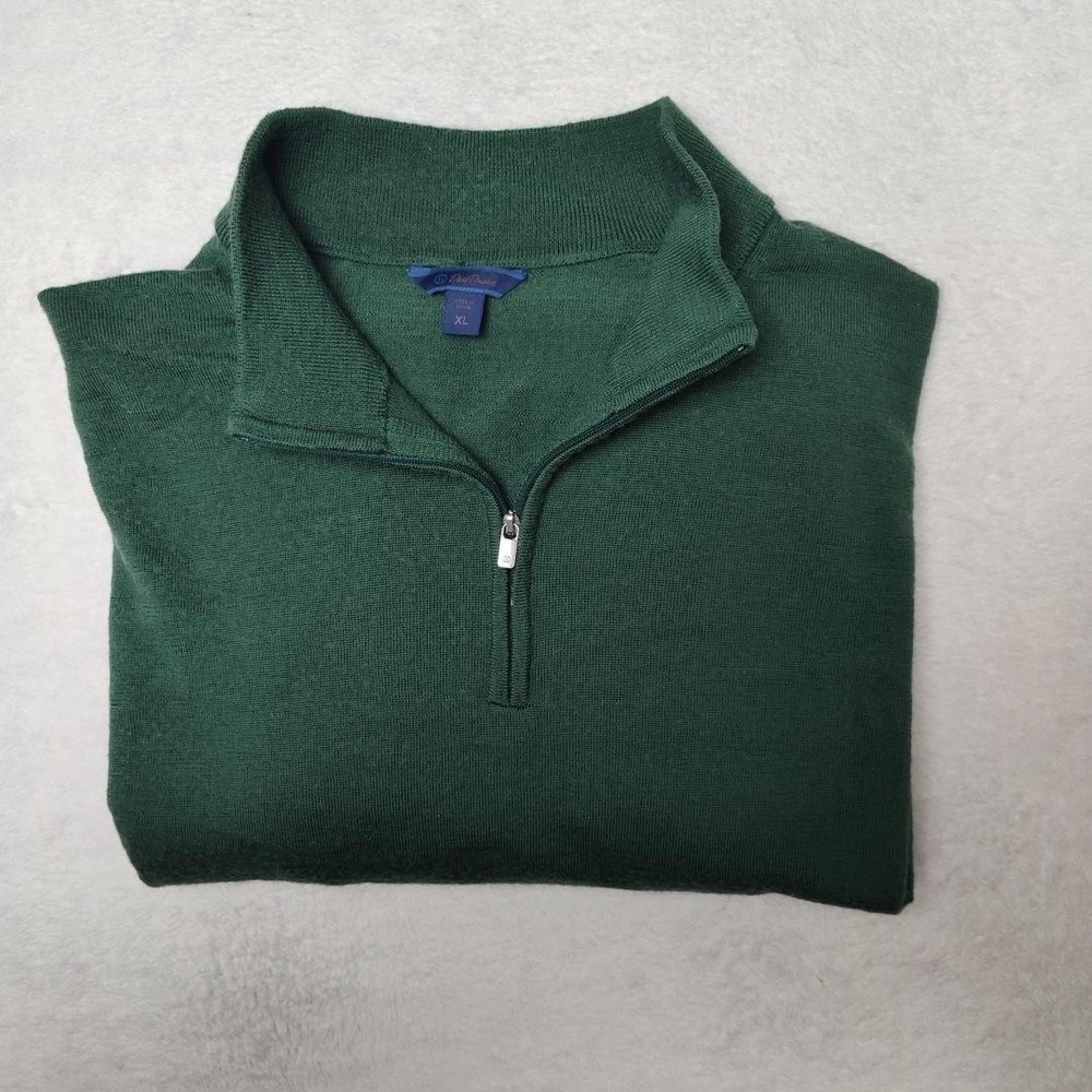 David Donahue Sweater Mens XL Green‎ 1/4 Zip Mock Neck Merino Wool Knit HOLE